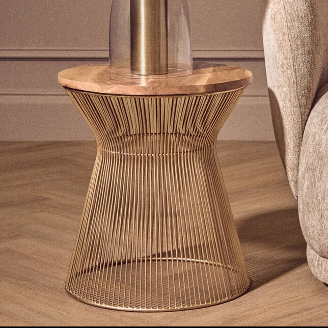 Orsina Small Coffee Table – Natural Wood Top with Gold Hourglass Base