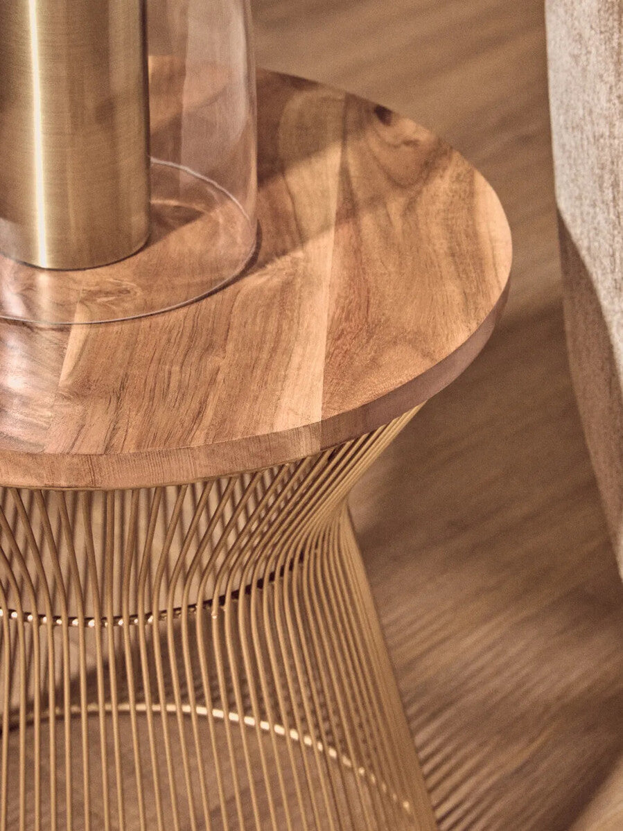 Orsina Small Coffee Table – Natural Wood Top with Gold Hourglass Base