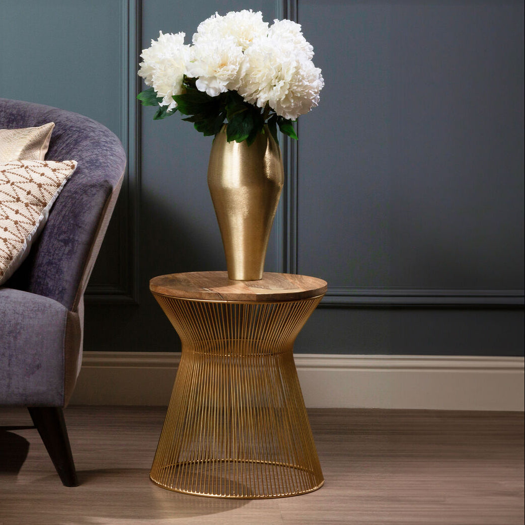 Orsina Small Coffee Table – Natural Wood Top with Gold Hourglass Base