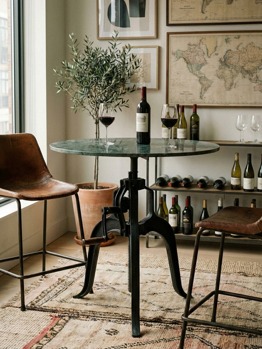 Orsina Vasco Green Marble Bar Table – Adjustable Iron Crank Side Table