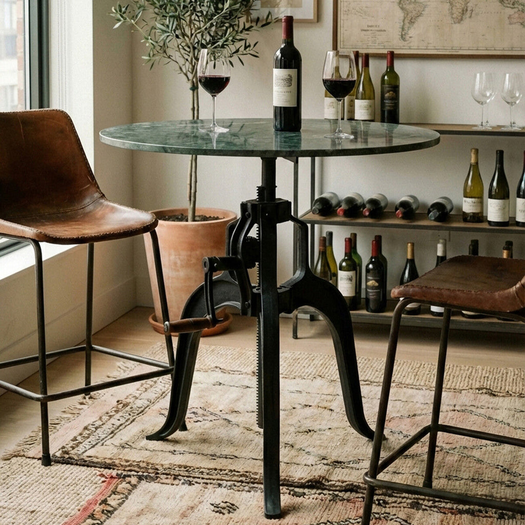 Orsina Vasco Green Marble Bar Table – Adjustable Iron Crank Side Table