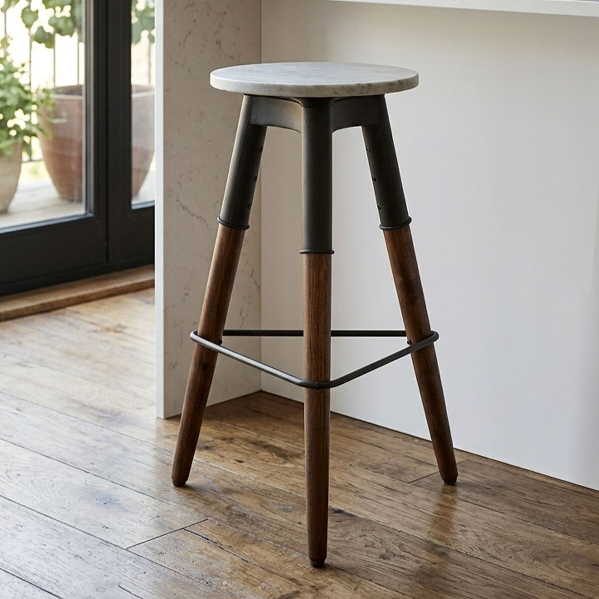 Orsina Vasco Industrial Bar Stool – Round Wood Seat & Black Iron Legs
