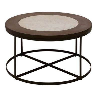 Orsina Vasco Round Marble Coffee Table – Brown Wood and Black Iron