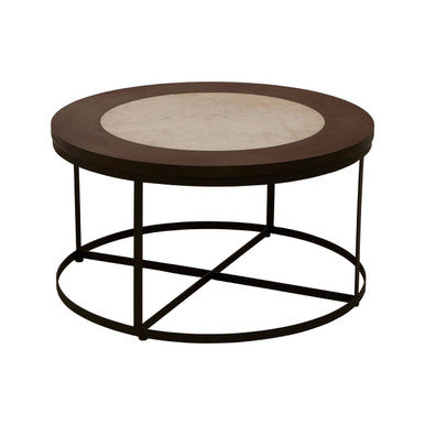 Orsina Vasco Round Marble Coffee Table – Brown Wood and Black Iron