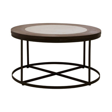 Orsina Vasco Round Marble Coffee Table – Brown Wood and Black Iron