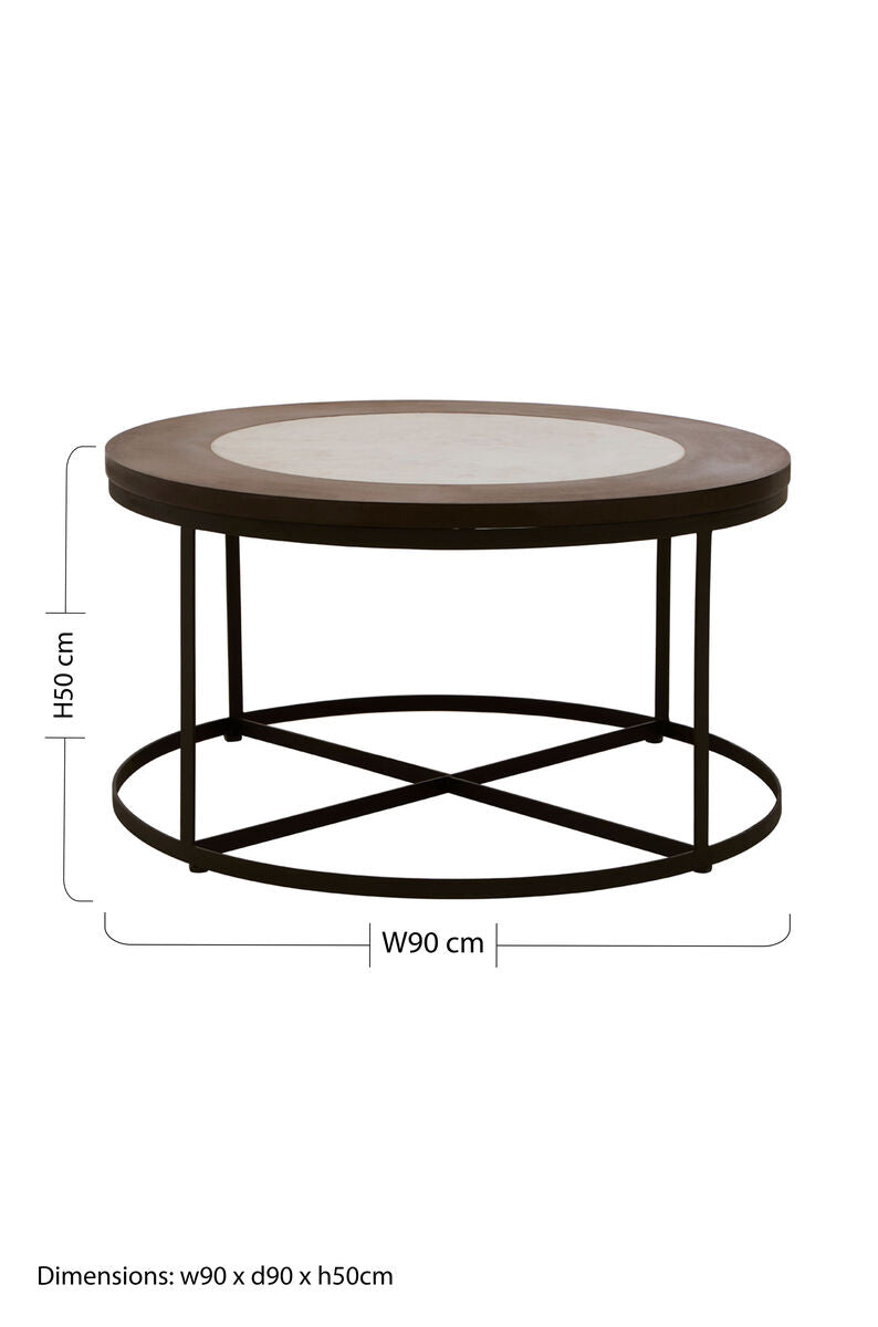 Orsina Vasco Round Marble Coffee Table – Brown Wood and Black Iron