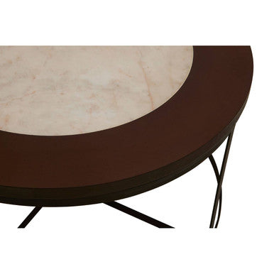 Orsina Vasco Round Marble Coffee Table – Brown Wood and Black Iron