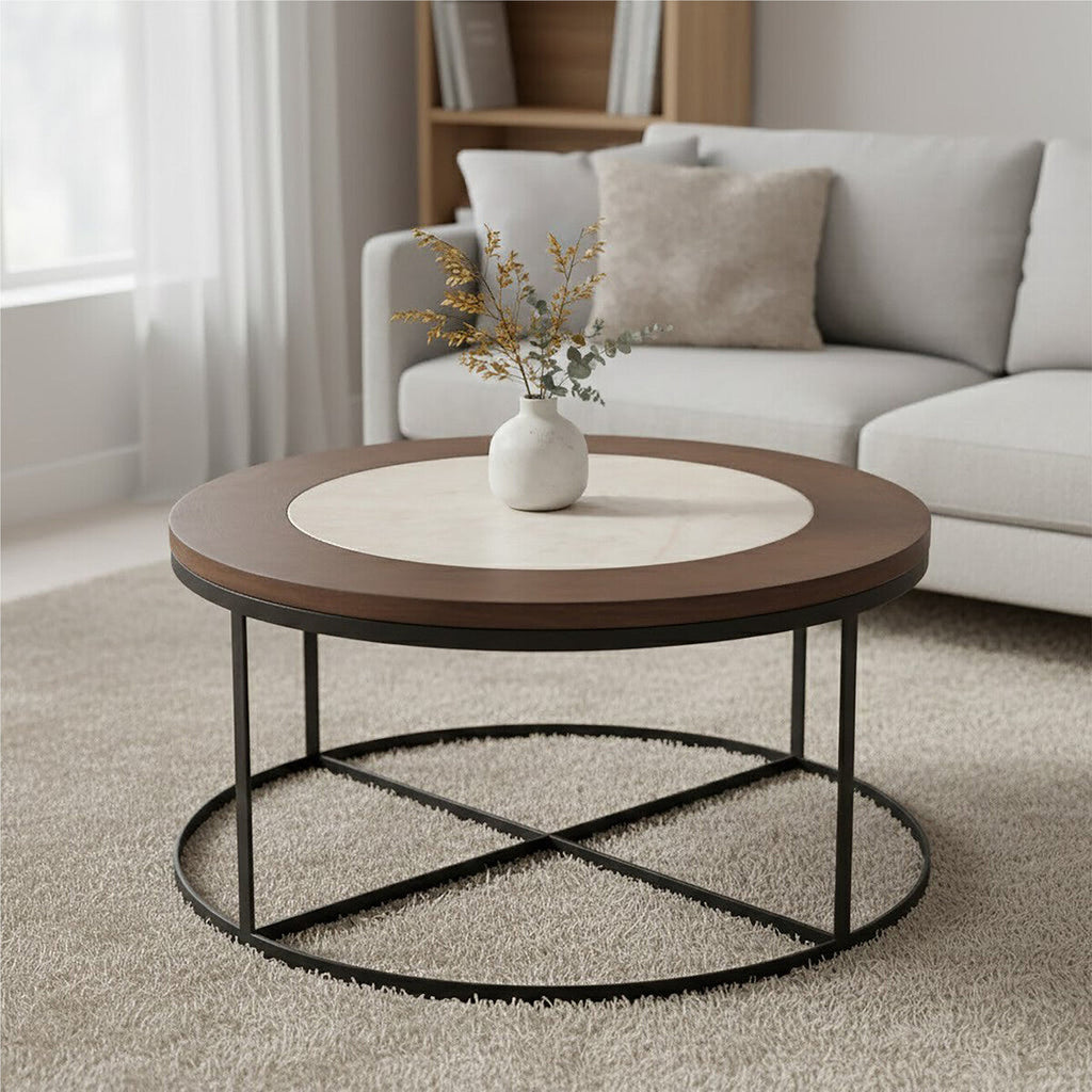 Orsina Vasco Round Marble Coffee Table – Brown Wood and Black Iron