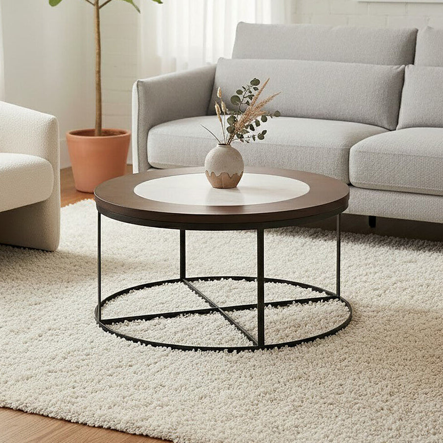 Orsina Vasco Round Marble Coffee Table – Brown Wood and Black Iron