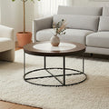 Orsina Vasco Round Marble Coffee Table – Brown Wood and Black Iron