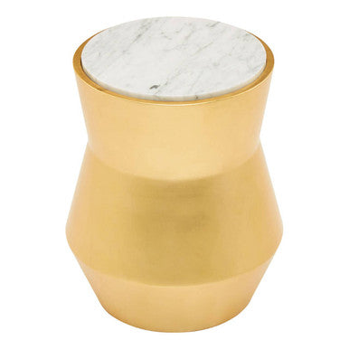 Orsina Lino Small Gold Drum Side Table with White Marble Top