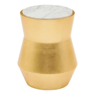 Orsina Lino Small Gold Drum Side Table with White Marble Top