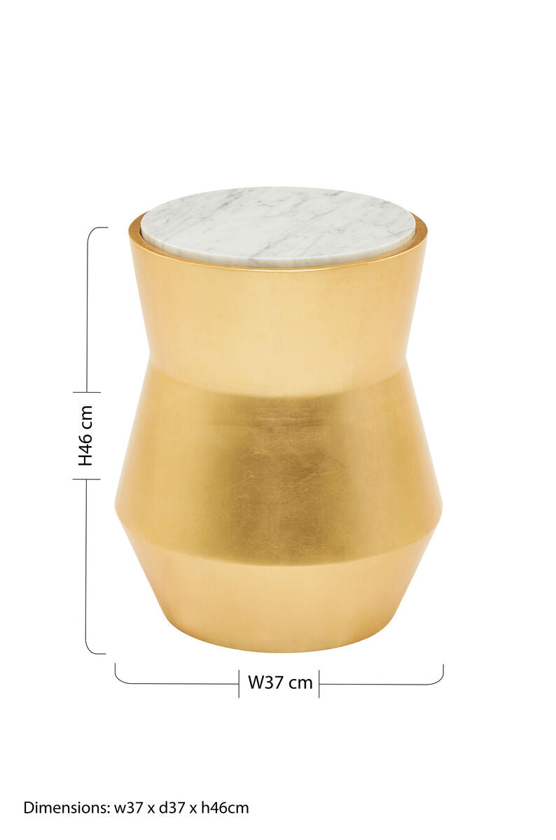 Orsina Lino Small Gold Drum Side Table with White Marble Top