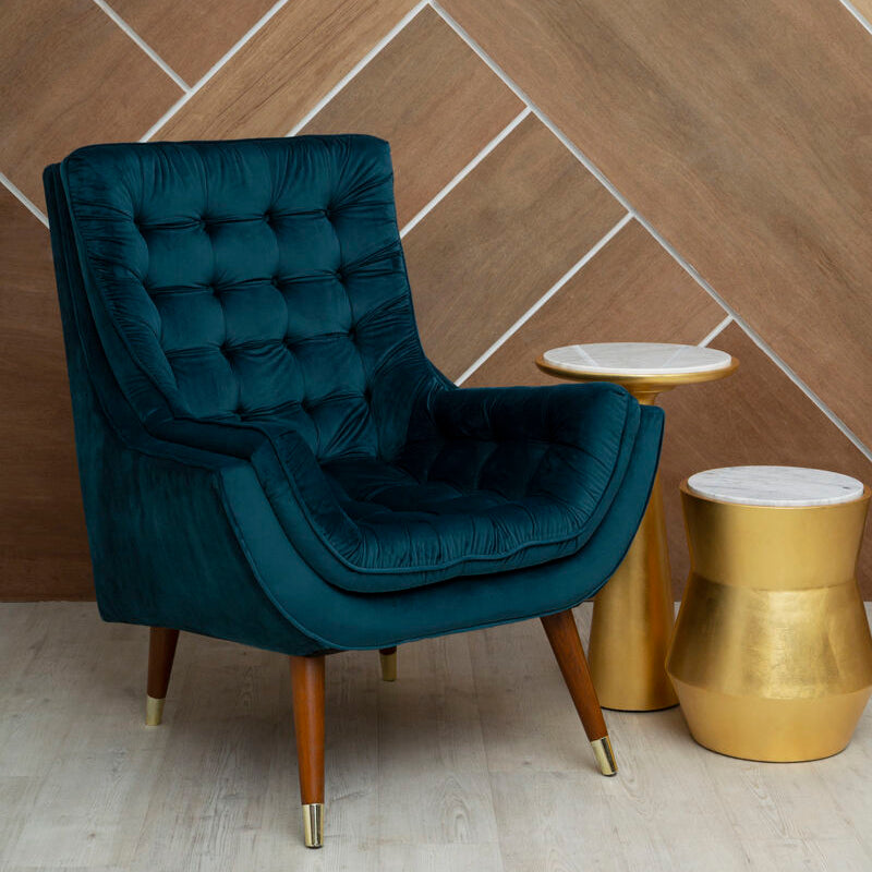 Orsina Lino Small Gold Drum Side Table with White Marble Top