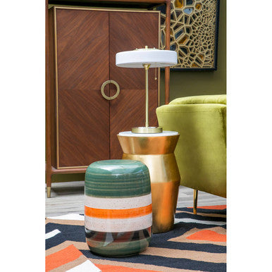 Orsina Lino Small Gold Drum Side Table with White Marble Top