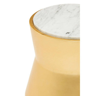 Orsina Lino Small Gold Drum Side Table with White Marble Top