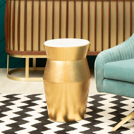 Orsina Lino Gold Drum Side Table with White Marble Top – Large