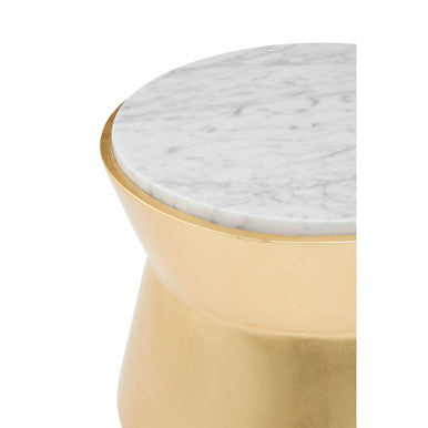Orsina Lino Gold Drum Side Table with White Marble Top – Large