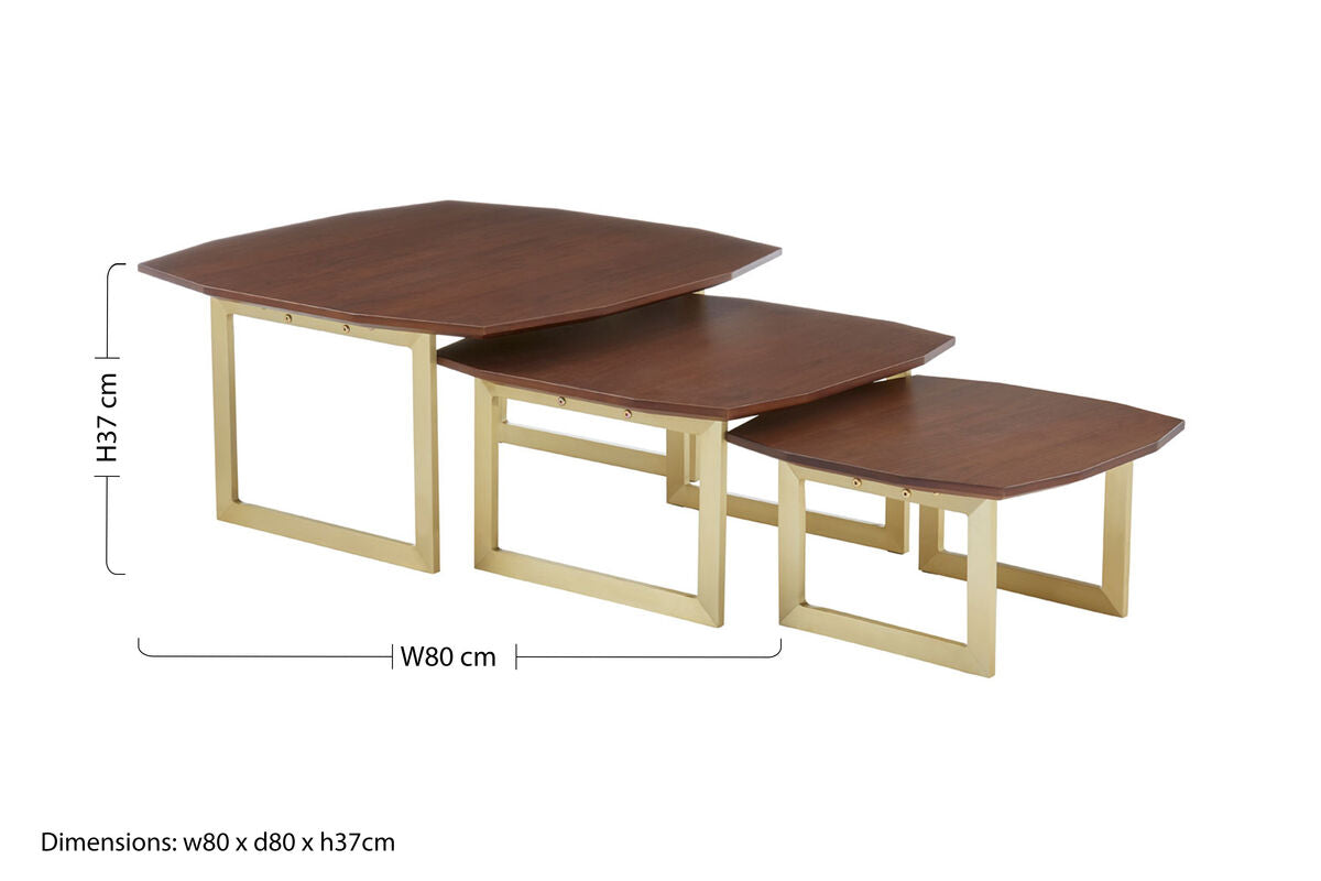 Orsina Walnut Wood Nesting Side Tables – Set of 3 with Gold Legs