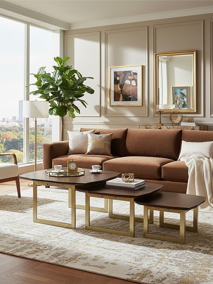 Orsina Walnut Wood Nesting Side Tables – Set of 3 with Gold Legs