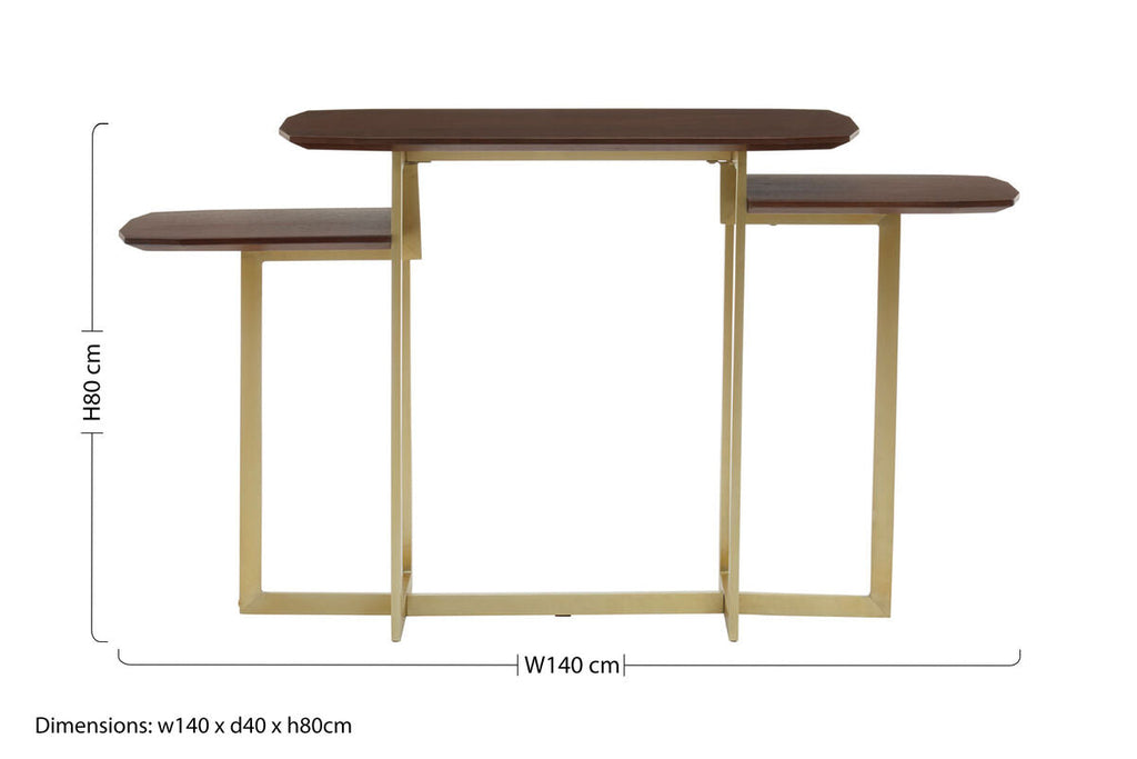 Orsina Villi 3-Tier Console Table – Walnut Wood and Gold Metal Frame