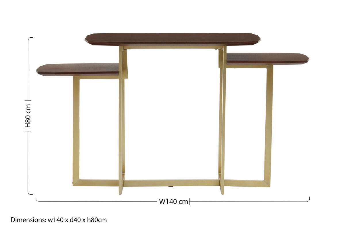 Orsina Villi 3-Tier Console Table – Walnut Wood and Gold Metal Frame
