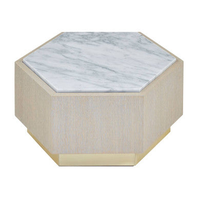Orsina Villi White Marble and Oak Hexagonal Side Table with Gold Base