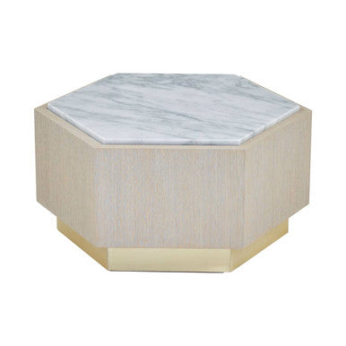Orsina Villi White Marble and Oak Hexagonal Side Table with Gold Base