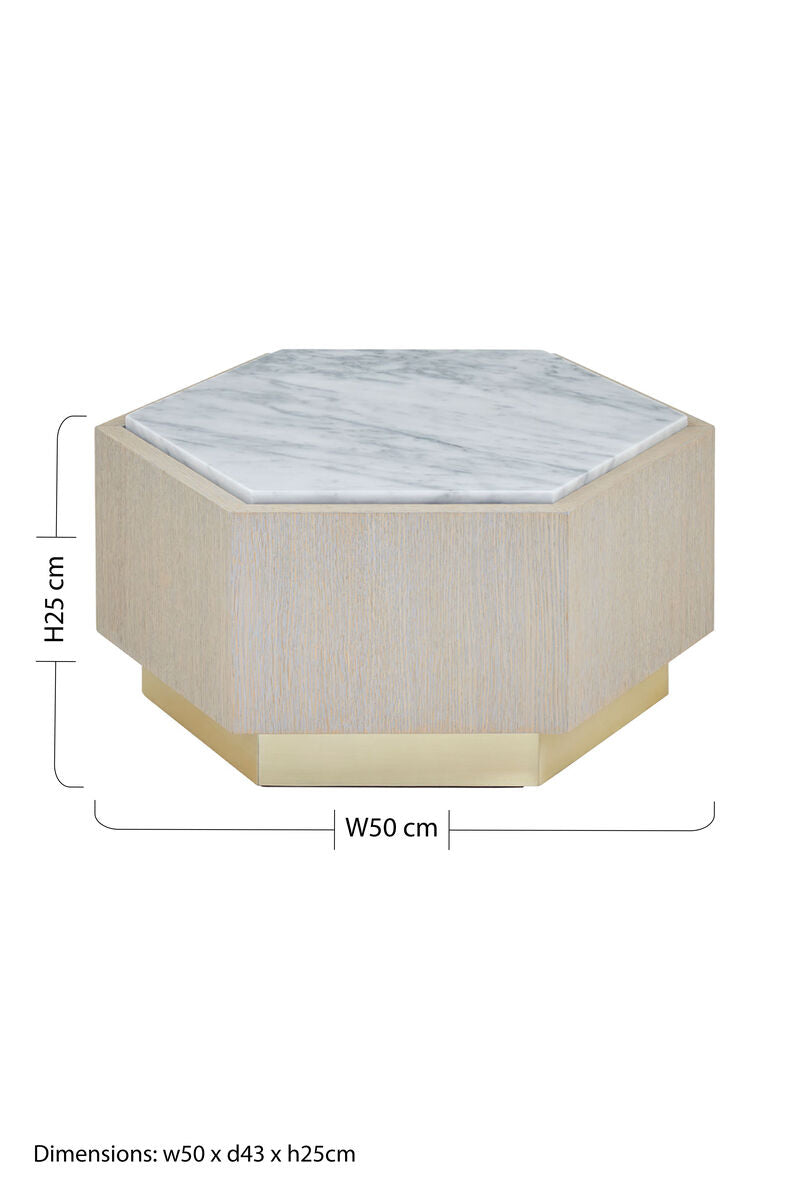 Orsina Villi White Marble and Oak Hexagonal Side Table with Gold Base
