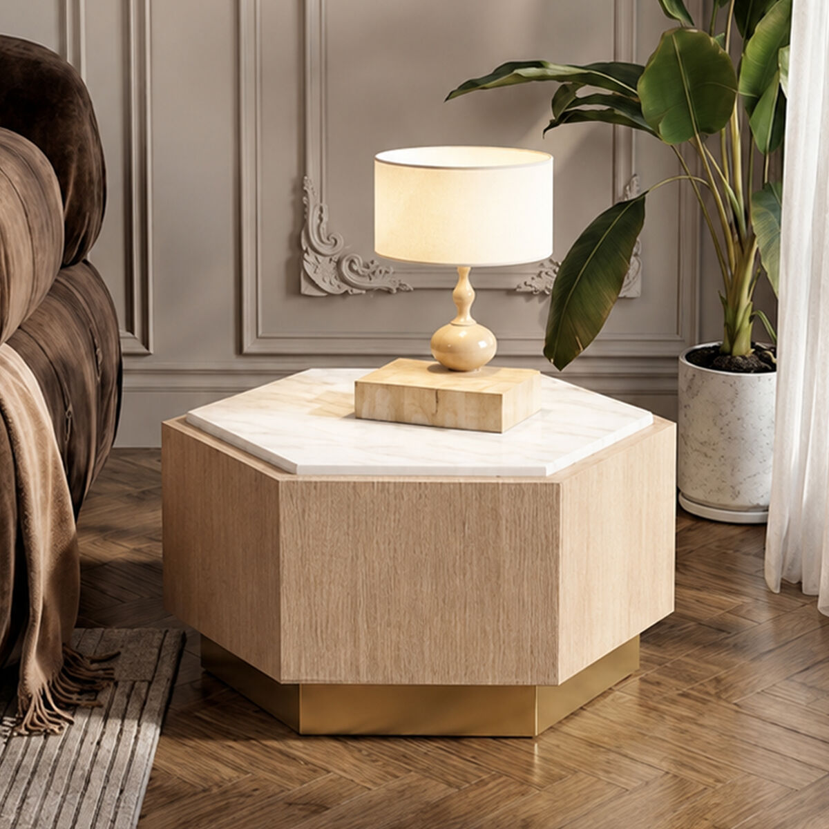 Orsina Villi White Marble and Oak Hexagonal Side Table with Gold Base