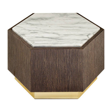 Orsina Villi Hexagon Marble Side Table – Dark Oak and Gold Finish