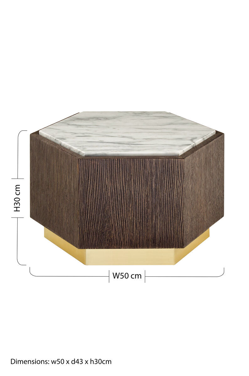 Orsina Villi Hexagon Marble Side Table – Dark Oak and Gold Finish