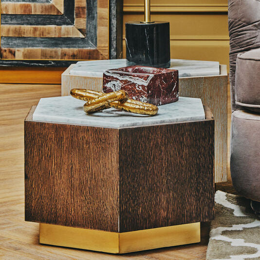 Orsina Villi Hexagon Marble Side Table – Dark Oak and Gold Finish