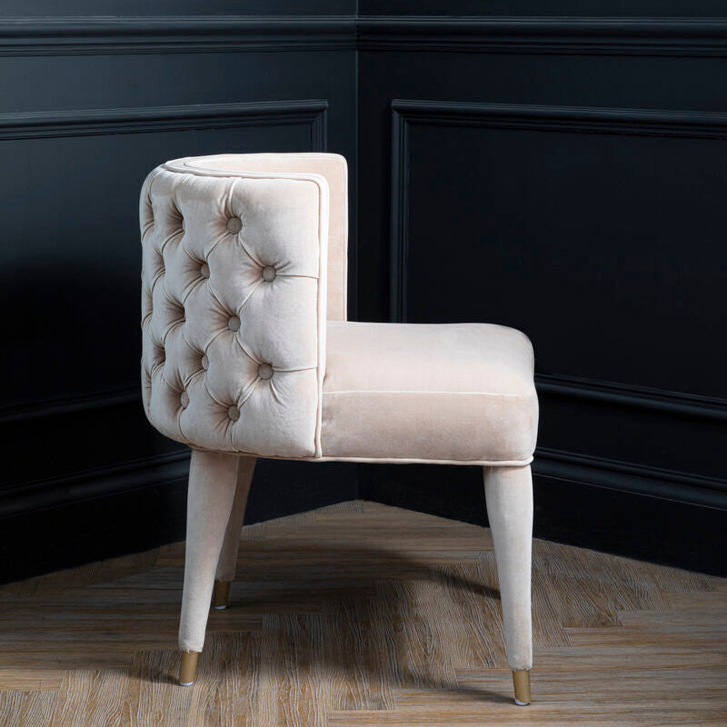 Orsina Villi Beige Velvet Tufted Dining Chair | Mahogany & Gold