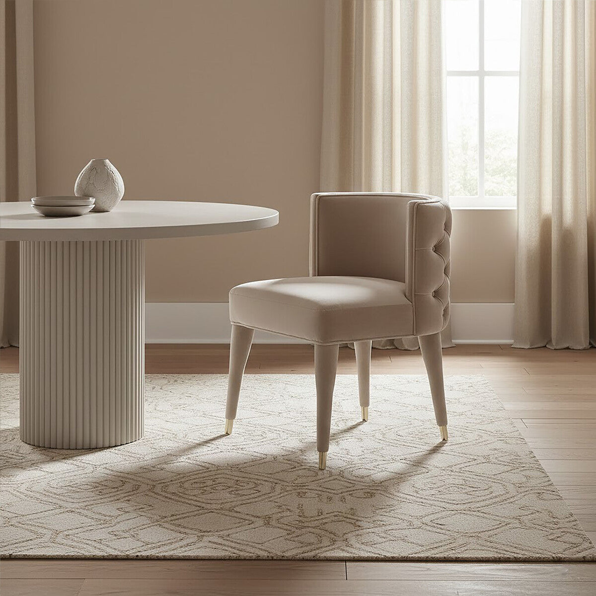Orsina Villi Beige Velvet Tufted Dining Chair | Mahogany & Gold