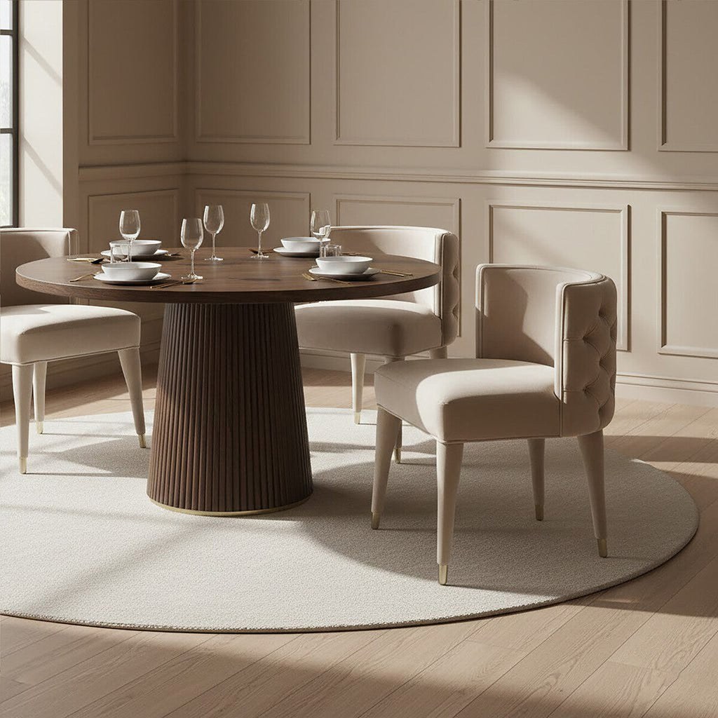 Orsina Villi Beige Velvet Tufted Dining Chair | Mahogany & Gold