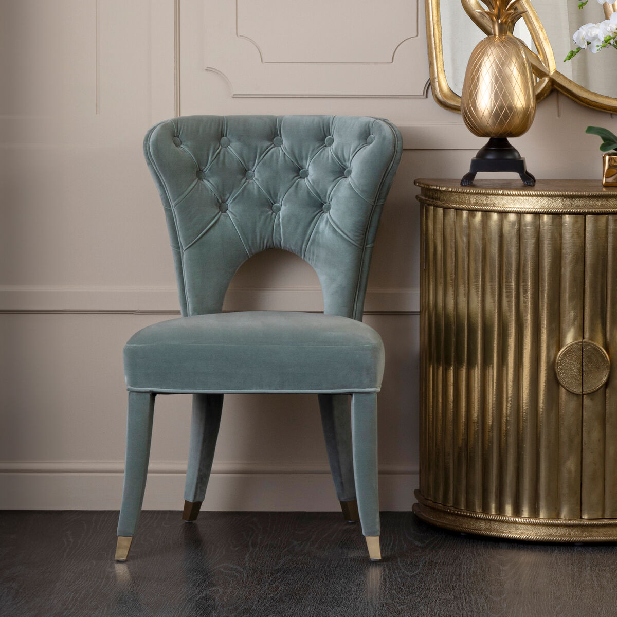 Orsina Villi Blue Velvet Tufted Dining Chair with Gold Tipped Legs