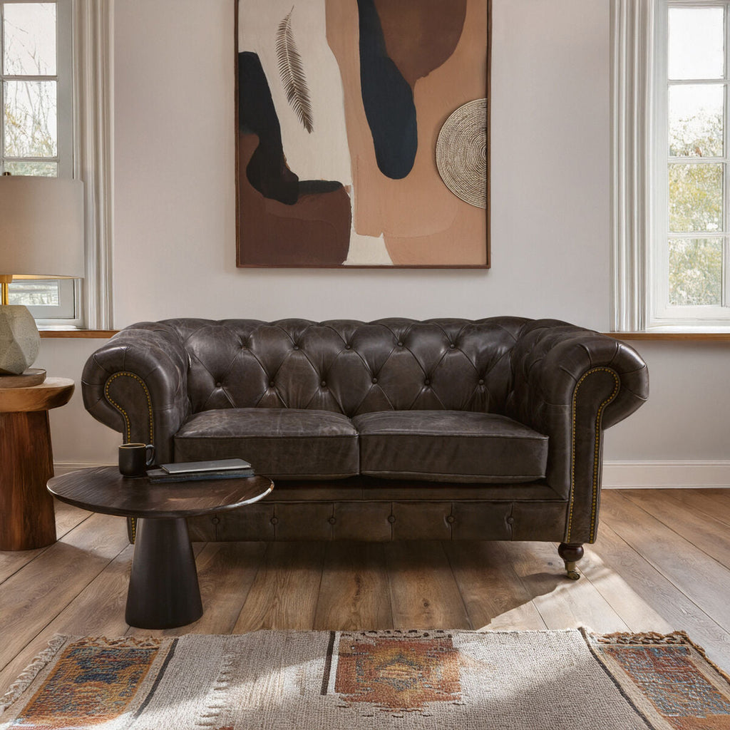 Orsina Victor 2 Seater Chesterfield Sofa – Dark Grey Brown Leather
