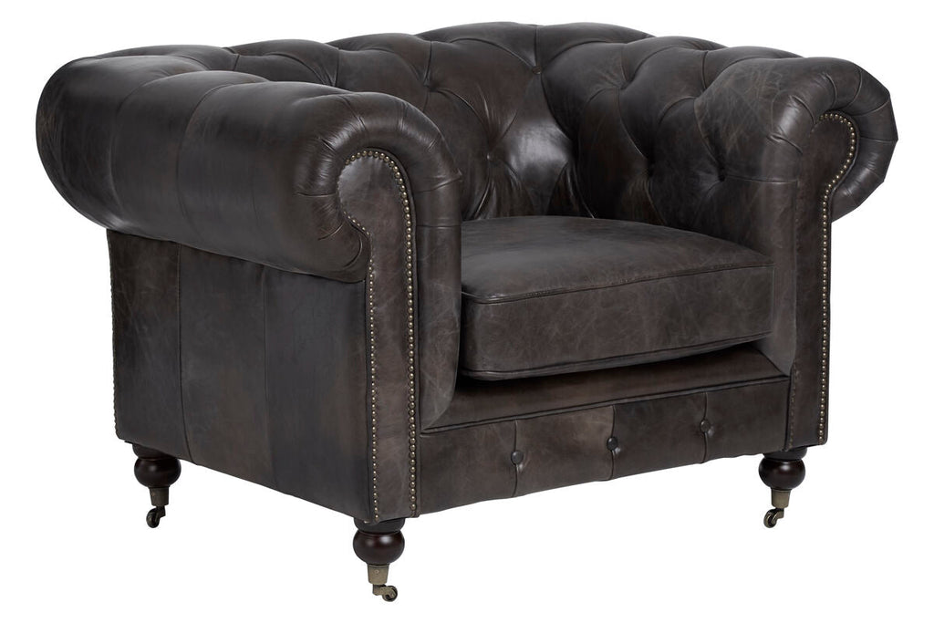 Orsina Victor Chesterfield Chair – Dark Grey Brown Leather Accent Armchair