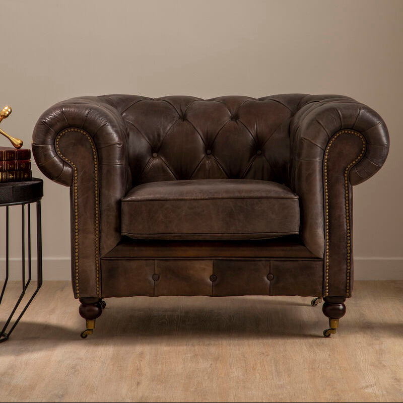 Orsina Victor Chesterfield Chair – Dark Grey Brown Leather Accent Armchair