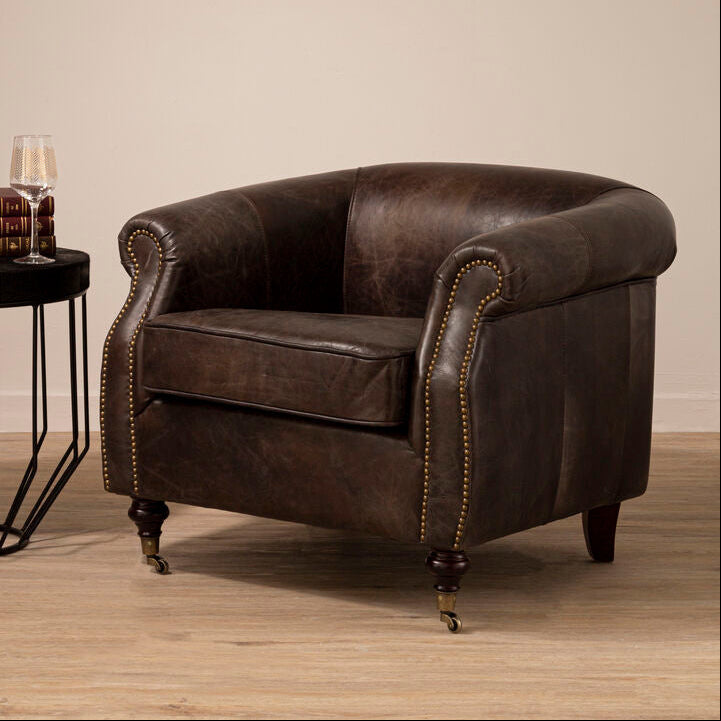 Orsina Victor Curved Leather Armchair – Dark Grey Brown Accent Chair