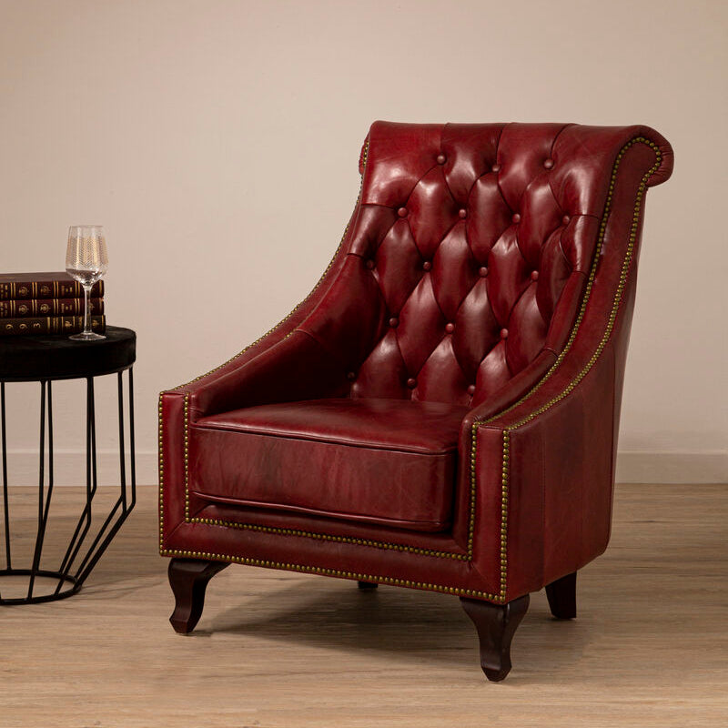 Orsina Victor Deep Red Leather Lounge Chair – Tufted Accent Seating