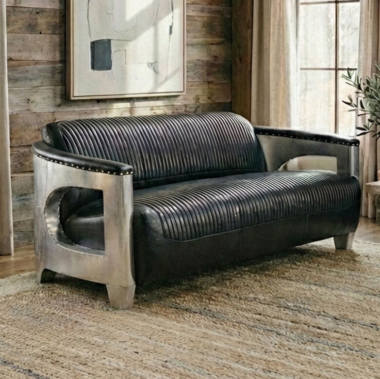 Orsina Victor 3 Seater Black Leather Sofa – Modern Living Room Couch