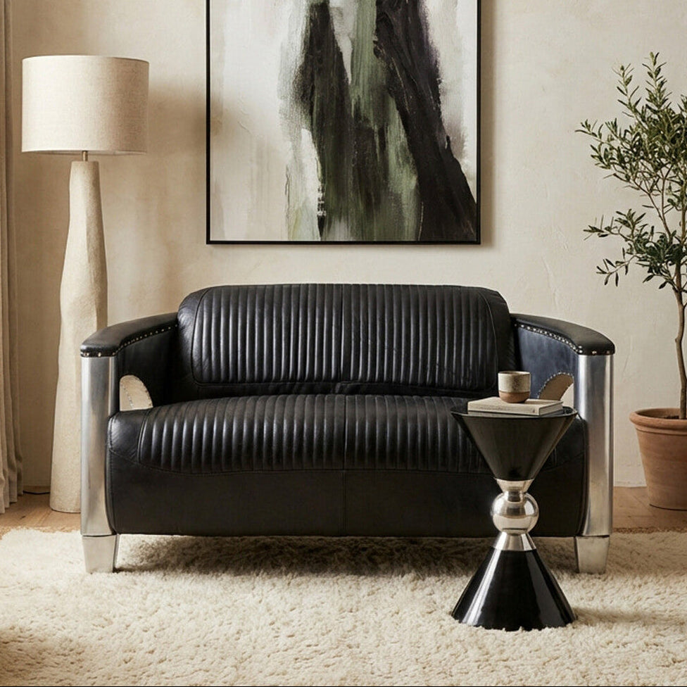Orsina Victor 2 Seater Black Leather Sofa – Modern Compact Couch