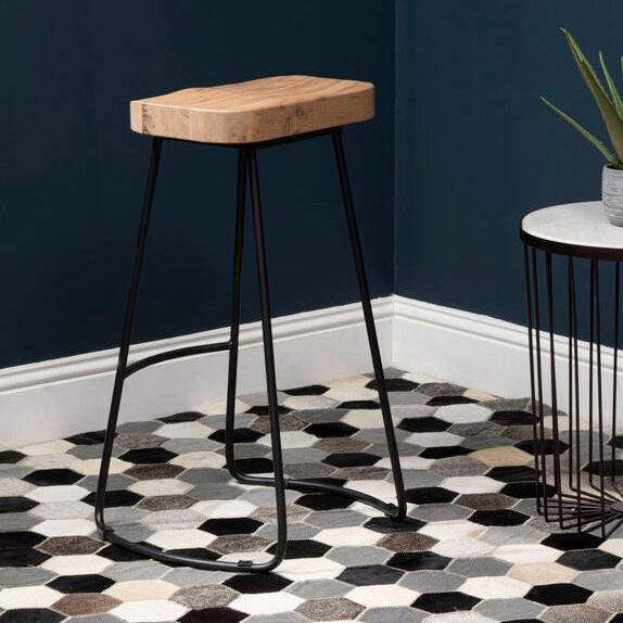 Orsina Lyon Bar Stool – Grey Oak Wood Seat and Black Metal Legs