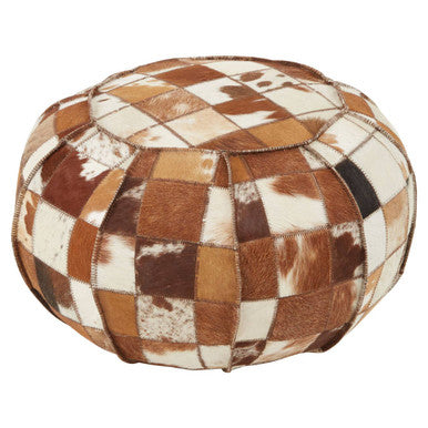 Orsina Buffalo Leather Patchwork Pouffe – Handcrafted Round Ottoman