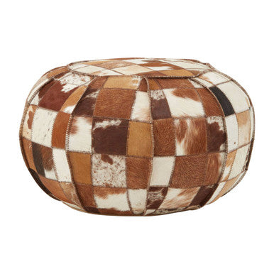Orsina Buffalo Leather Patchwork Pouffe – Handcrafted Round Ottoman