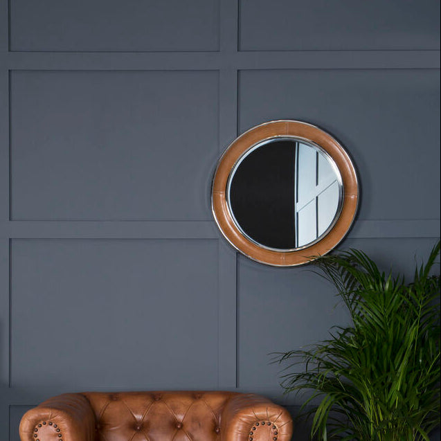 Orsina Churchill Round Wall Mirror – Tan Genuine Leather & Nickel