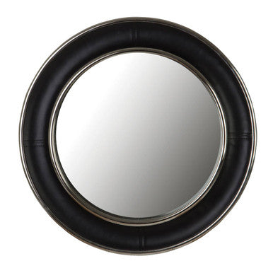 Orsina Churchill Black Leather Wall Mirror with Nickel Rim Accent