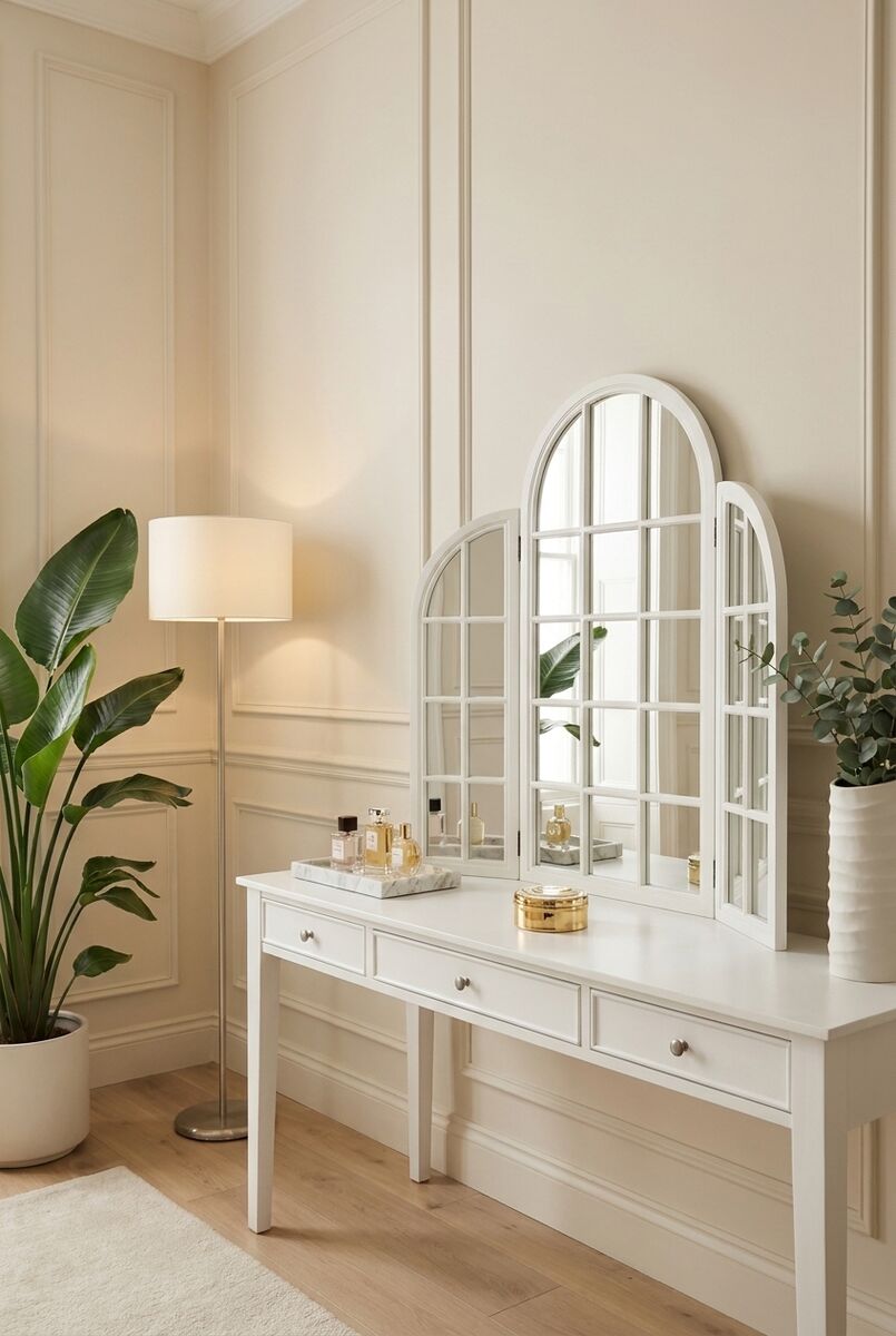 Orsina Fret White Dressing Table Mirror – Triple Arc Vanity Mirror